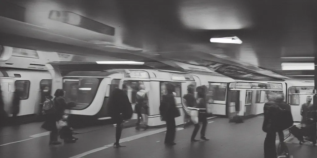 Image similar to photo, london underground, 5 0 mm f / 1. 4, cinestill 8 0 0,