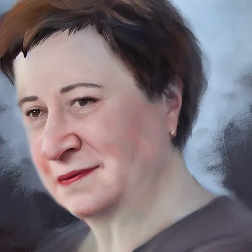 Image similar to close - up shot of supreme court justice elena kagan going for a walk in the woods, digital art by ruan jia and mandy jurgens and artgerm, realistic face, highly detailed, trending on artstation, award winning