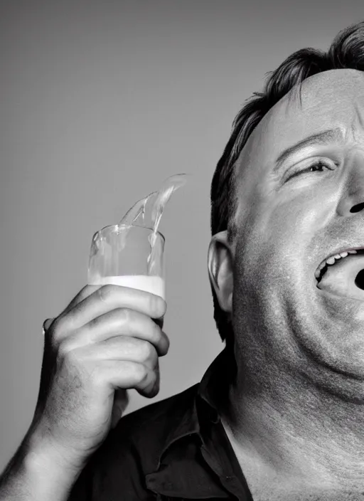 Prompt: A hyper realistic ultra realistic photograph of Alex Jones screaming with milk coming out of his eyes by Brandon Hughes , detailed, photorealistic imagery, 8k quality