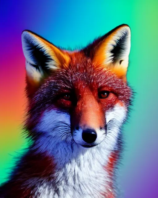 Image similar to rainbow colored fox, portrait, blue background, 8 k, 8 5 mm f 1. 8