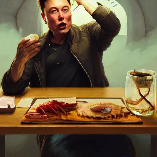 Image similar to elon musk eating a pickle, highly detailed vfx portrait, unreal engine, greg rutkowski, loish, rhads, caspar david friedrich, makoto shinkai and lois van baarle, ilya kuvshinov, rossdraws, elegent, tom bagshaw, alphonse mucha, global illumination, detailed and intricate environment.