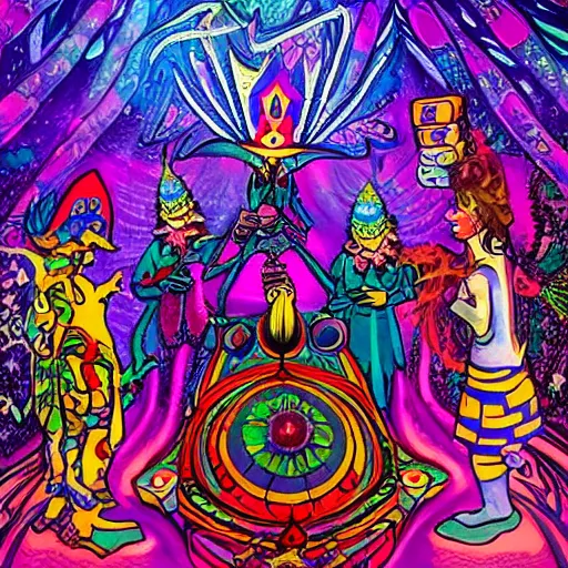 Prompt: A psychedelic DMT Jester standing on a deck of cards is surrounded by DMT-Elves and Bright DMT Magic
