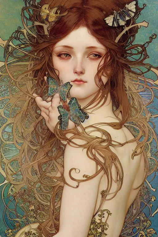 Prompt: realistic detailed illustration of butterflies by Alphonse Mucha, Ayami Kojima, Amano, Charlie Bowater, Karol Bak, Greg Hildebrandt, Jean Delville, and Mark Brooks, Art Nouveau, Pre-Raphaelite, Neo-Gothic, gothic, rich deep moody colors