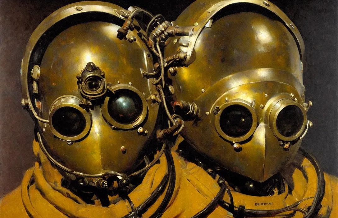 Image similar to portrait of deep sea diver helmet!!!!!!!!!!!!!!!!!!!!!!!!!!!, detailed face, detailed painting, epic lighting, by ilya repin, phil hale and kent williams