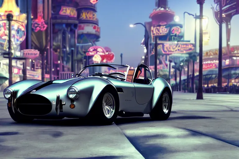 Prompt: a wholesome animation key shot of!! one!! focused!! ac cobra!! in shiny stainless steel, in a las vegas street, medium shot, studio ghibli, pixar and ( disney ) animation, sharp, very detailed, high resolution, rendered in unreal engine 5, anime key art by greg rutkowski, bloom, dramatic lighting