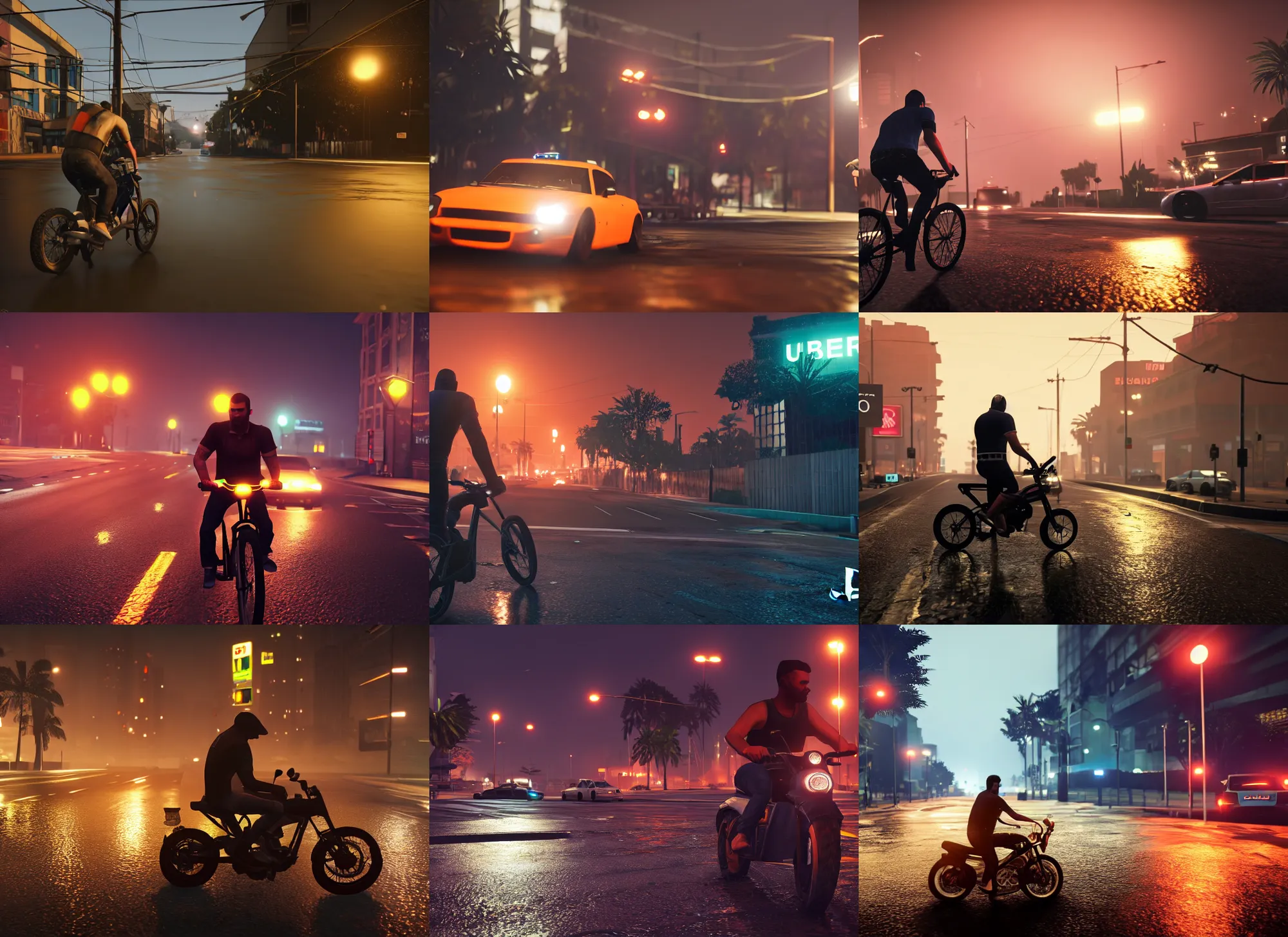 Prompt: gta in bahia, uber eats delivery driver on a bicycle, playstation 5 screenshot, mega details, dark night, orange lights, heavy rain, fog, beautiful rtx reflections, photorealistic, unreal engine 5, octane render, volumetric light, cg society, 4 k, bokeh, artstation