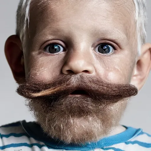 Prompt: a 4 year old boy with old wrinkly skin, wrinkly forehead, looking old, facial hair, natural beard, natural mustache, old skin, lots of wrinkles, age marks, old gray hair, very old, young kid, 4 years old, very young, portrait photo, head shot, concept art, highly detailed