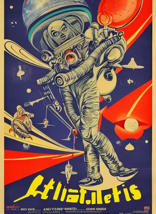 Image similar to vintage movie poster with aliens, astronauts, flying saucers and planets, occult alien symbols