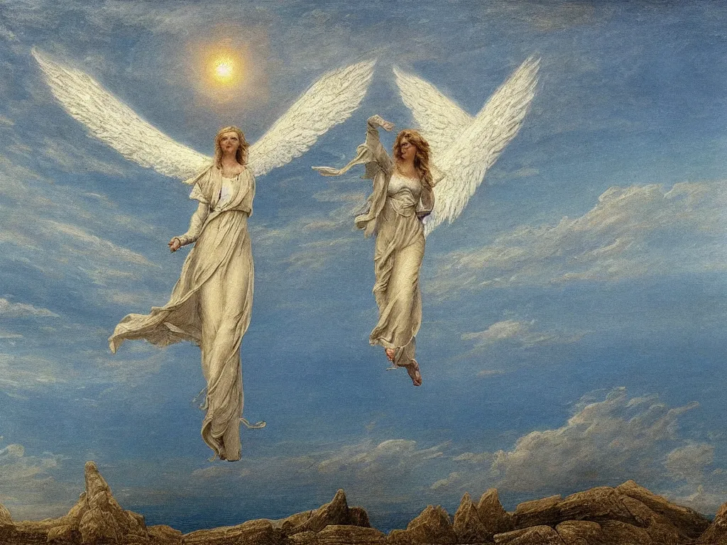 Image similar to seraphim angel in the sky flying on the sea painted by caspar david friedrich