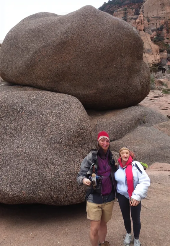 Prompt: tourist photo next to the world's biggest rock