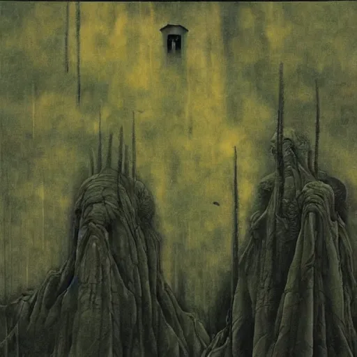 Image similar to a menacing church in a dark valley, high detailed beksinski painting, by adrian ghenie and gerhard richter. art by takato yamamoto. masterpiece, deep colours.