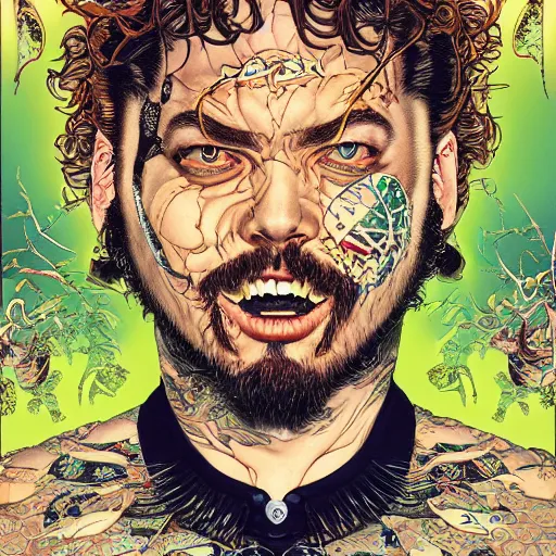 Image similar to portrait of crazy post malone, symmetrical, by yoichi hatakenaka, masamune shirow, josan gonzales and dan mumford, ayami kojima, takato yamamoto, barclay shaw, karol bak, yukito kishiro