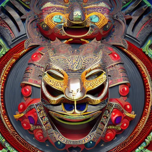 Image similar to a tribal masks, japanese pottery, vivid colors, wood, metal, intricate details, trending on cgsociety, sharp focus, ultra realistic details, cinematic atmosphere, global illumination, shadows, octane render, 8 k