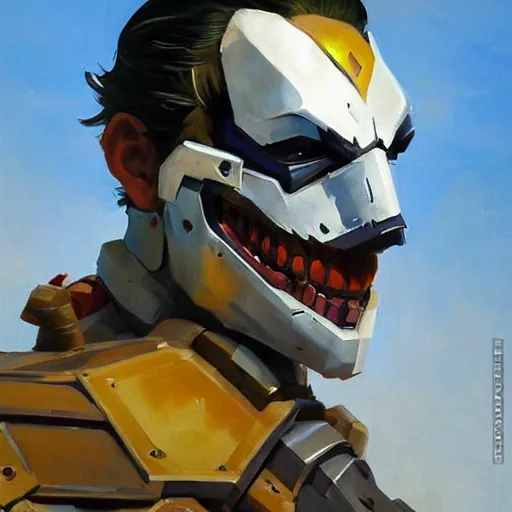 Image similar to greg manchess portrait painting of armored joker as overwatch character, medium shot, asymmetrical, profile picture, organic painting, sunny day, matte painting, bold shapes, hard edges, street art, trending on artstation, by huang guangjian and gil elvgren and sachin teng