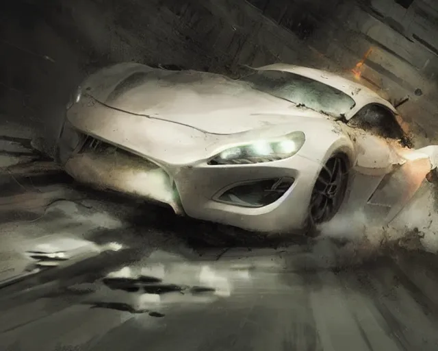 Image similar to a white super car crash, horror scene, dramatic, anime art, Greg Rutkowski, studio ghibli, dramatic lighting