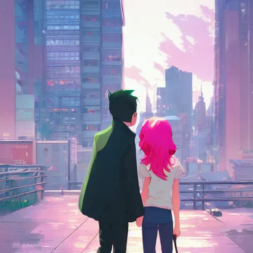 Image similar to damian wayne with pink haired friend, city landscape, Gotham, artstation, highly detailed, by makoto shinkai and thomas kindle and James gilleard