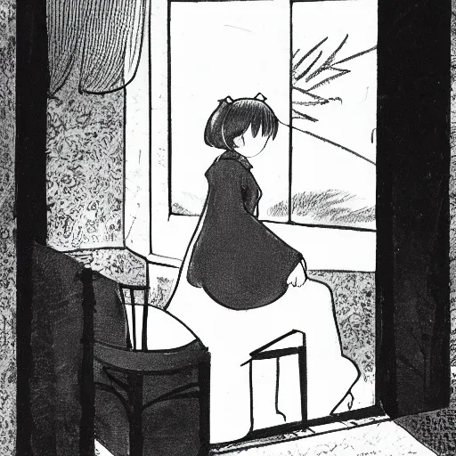 Image similar to A young lady in a kimono with almond-shaped eyes, sitting on a chair in a huge empty room, a black cat sitting on the window, a girl smiling, black and white, pencil, style