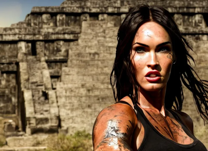 Image similar to film still of!!!! megan fox!!! as lara croft in new tomb raider movie, closeup portrait, exploring inside of aztec temple, action pose, dramatic lighting, octane, mist, volumetric lighting, 8 k