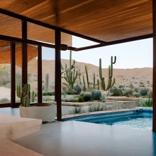 Image similar to modern desert pavilion interior looking out of large pivoting doors into expansive pool and vista with cacti