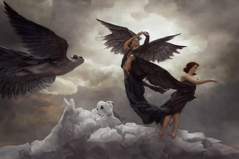 Image similar to harpies descending from the sky towards a baby harp seal on sea ice, with a gray and cool sky, ominous lighting, water color, art by artgerm and greg rutkowski and alphonse mucha and jin xiaodi and anthony devine