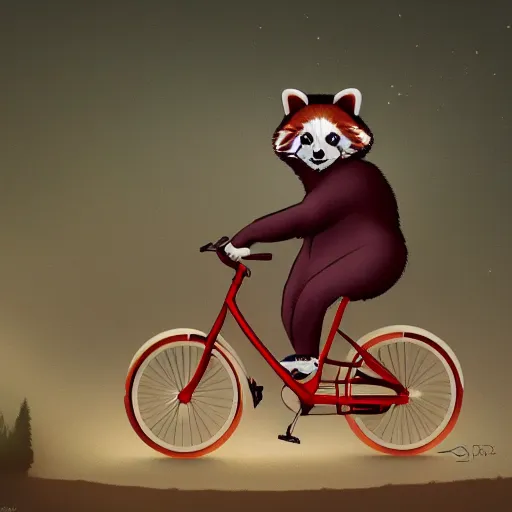 Prompt: a red panda drive with a bicycle through a wonderful landscape artstation