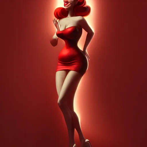 Prompt: photography beautiful flawless jessica rabbit in her red dress by greg rutkowski and artgerm, femme fetal, darkroom, dramatic high contrast lighting like sin city, ultra - realistic, intricate detail, 8 k, octane render