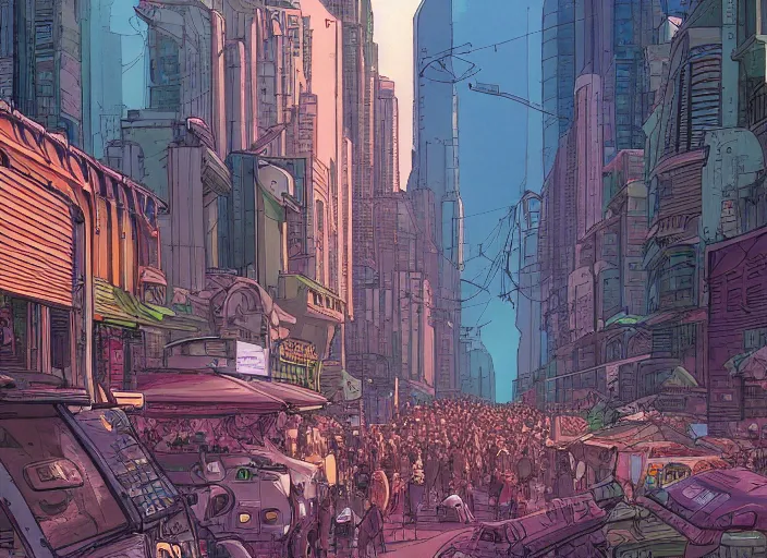 Prompt: close up view of a bustling city street on an alien planet by jeff darrow and moebius, earth and pastel colors, dramatic perspective, detailed, realistic, masterpiece, 4 k, 8 k