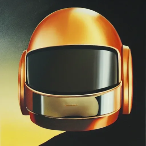 Image similar to a high quality painting of a portrait of a cat wearing the Daft Punk helmet and clothing