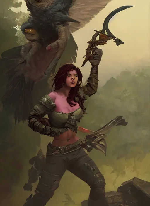 Prompt: hyper realistic photo of medieval chubby beautiful rogue hunter girl with a raptor, full body, rule of thirds, conceptart, saturated colors, cinematic, greg rutkowski, brom, james gurney, mignola, craig mullins, artstation, cgsociety