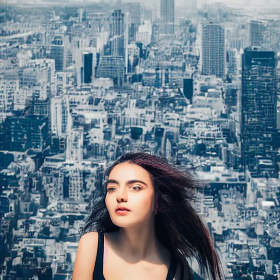 Image similar to portrait of 2 5 - year - old woman godess with angle 9 0 ° centred looking away fresh air, strong spirit, 8 k, cinematic scene, background city blured futuristic