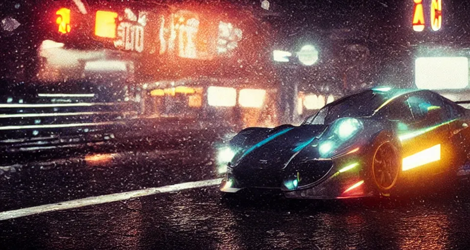 Prompt: close up macro shot of a racing car on wet city street at night, intricate, hyper detailed, smooth, high contrast, neon, volumetric lighting, octane, moebius, greg rutkowski, blade runner, ripley scott, cindmatic