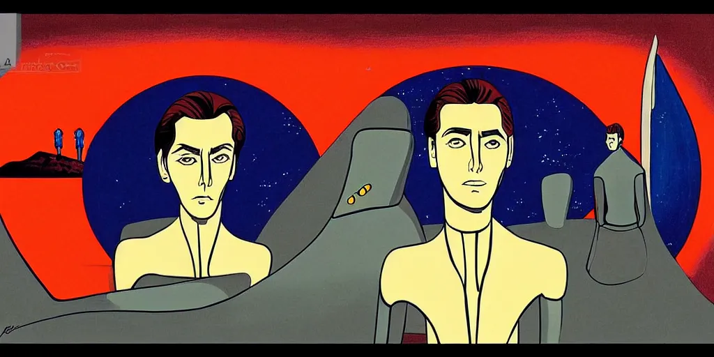 Prompt: traditional drawn colorful animation a symmetrical portrait of lonely single Alain Delon alone from 1980 80s pilot in posing in spaceship station planet captain bridge outer worlds robots extraterrestrial hyper contrast well drawn in Jean Henri Gaston Giraud animation film The Masters of Time FANTASTIC PLANET La planète sauvage animation by René Laloux