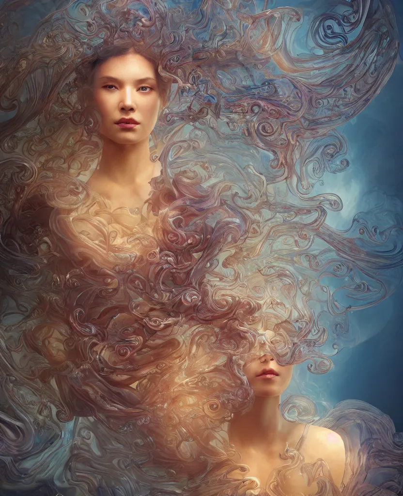 Prompt: 3 d close up swirly portrait of the face of a beautiful princess with translucent nautilus jellyfish phoenix bird and giant orchid flower and giant gladiola surrounded by smoke and water fire energy flow, intricate, very highly detailed. octane render, excellent composition, by wlop, tooth wu, greg rutkowski, beeple, by alphonse mucha