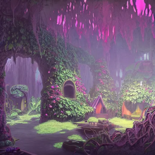 Prompt: concept art painting of a interior of a cozy alien fantasy cottage made of fungus, with black vines and magenta houseplants, realistic, detailed, cel shaded, dark, in the style of makoto shinkai and greg rutkowski and james gurney