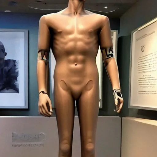 Image similar to “a realistic detailed photo of a guy who is an attractive humanoid who is half robot and half humanoid, who is a male android, British diver Jack Laugher, shiny skin, posing like a statue, blank stare, at the museum, on display”