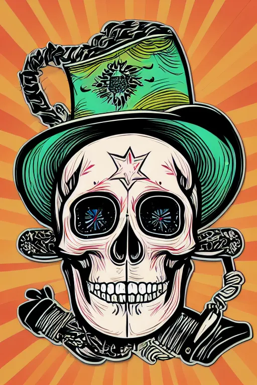 Prompt: A portrait of a skull that is a cowboy, sticker, colorful, illustration, highly detailed, smooth and clean vector curves, no jagged lines, vector art, smooth