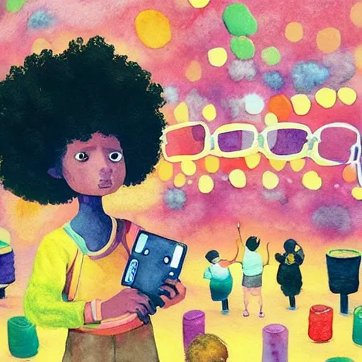 Prompt: a black girl with a colorful afro and big colorful eyes play videogames in a vast and endless arcade, bright colours, bokeh!!, watercolor, volumetric wool felting, macro photography, children illustration, by goro fujita