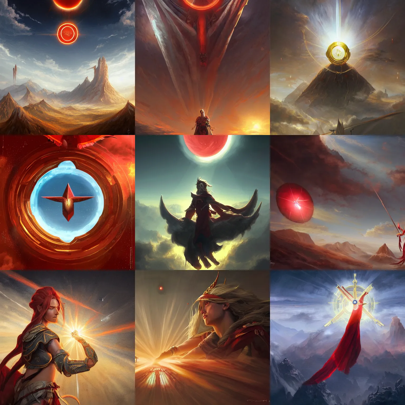 Prompt: red pointed banner with golden sun symbol floating in sky, intricate, highly detailed, digital painting, concept art, sharp focus, illustration, aleksi briclot, rutkowski