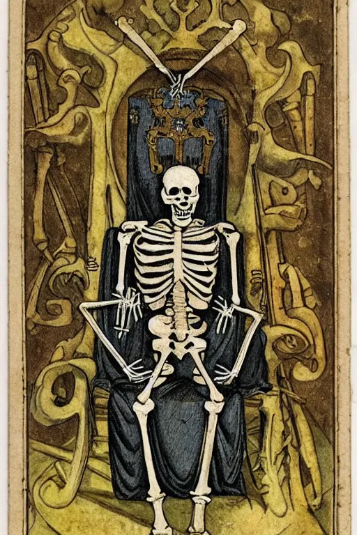 Prompt: tarot card of a king’s skeleton sitting on a decaying ancient throne, ornate frame, detailed