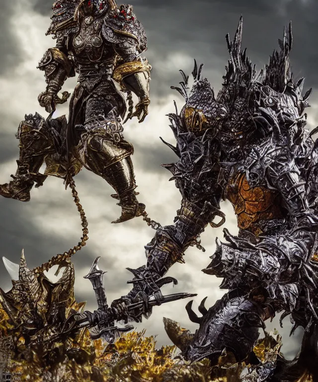 Image similar to hyperrealistic rendering, epic dark souls boss, ornate supreme demon overlord, jewel crown, war armor battle, by art of skinner and richard corben, product photography, collectible action figure, sofubi, hottoys, storm clouds, outside, lightning