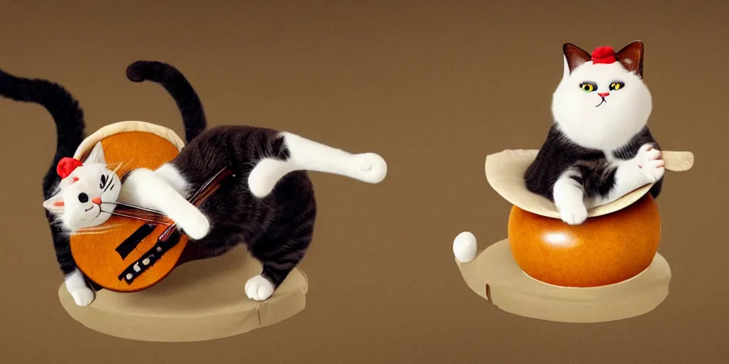 Image similar to a cat playing the fiddle and dancing on top of a round ball made of Swiss cheese, in the style of claymation