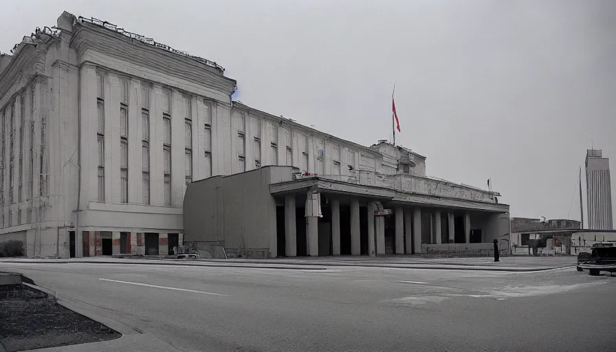 Image similar to 60s movie still of a sovietic museum stalinist style, cinestill 800t 10mm eastmancolor, liminal Space, heavy grain, high quality, high details, panoramic