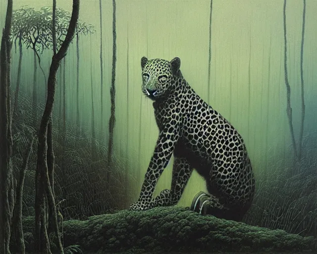 Image similar to Beksinski painting. Jaguar in a dark misty jungle, painted by Beksinski