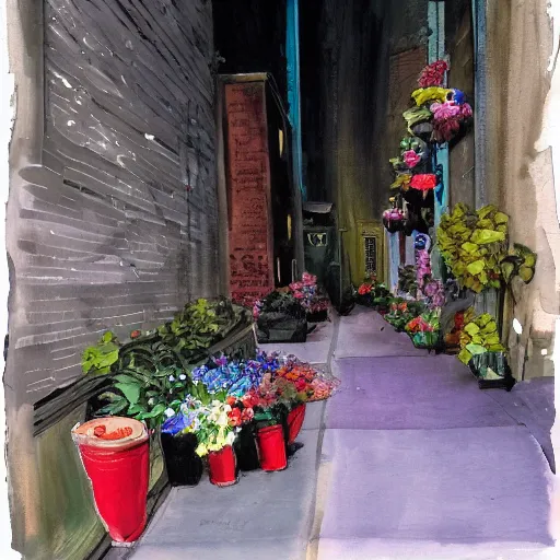 Image similar to Spawn selling flowers in an alley at night, by Todd MacFarlane