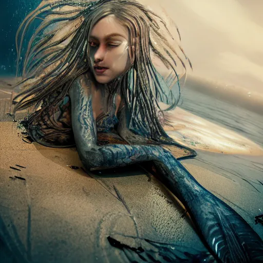 Prompt: a sad mermaid smothered in motor oil and thrash, wildlife photography, ultra realistic, concept art, intricate details, highly detailed, photorealistic, octane render, 8 k, unreal engine,