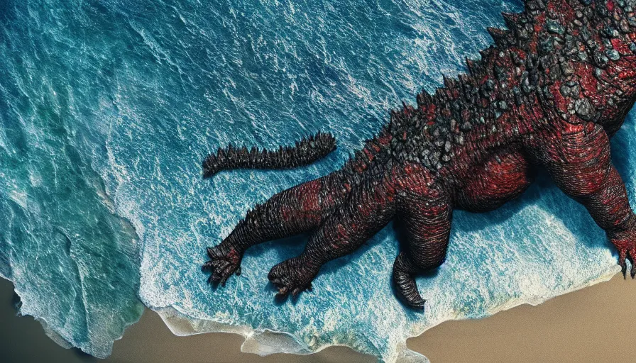 Prompt: CNN news footage taken from above. Godzilla from Zelda is washed up on the beach. 8K Highly professionally detailed, HDR, CGsociety, Ultra Realistic