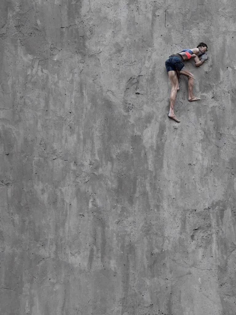 Image similar to man made of clay climbing on giant concrete straight ledge