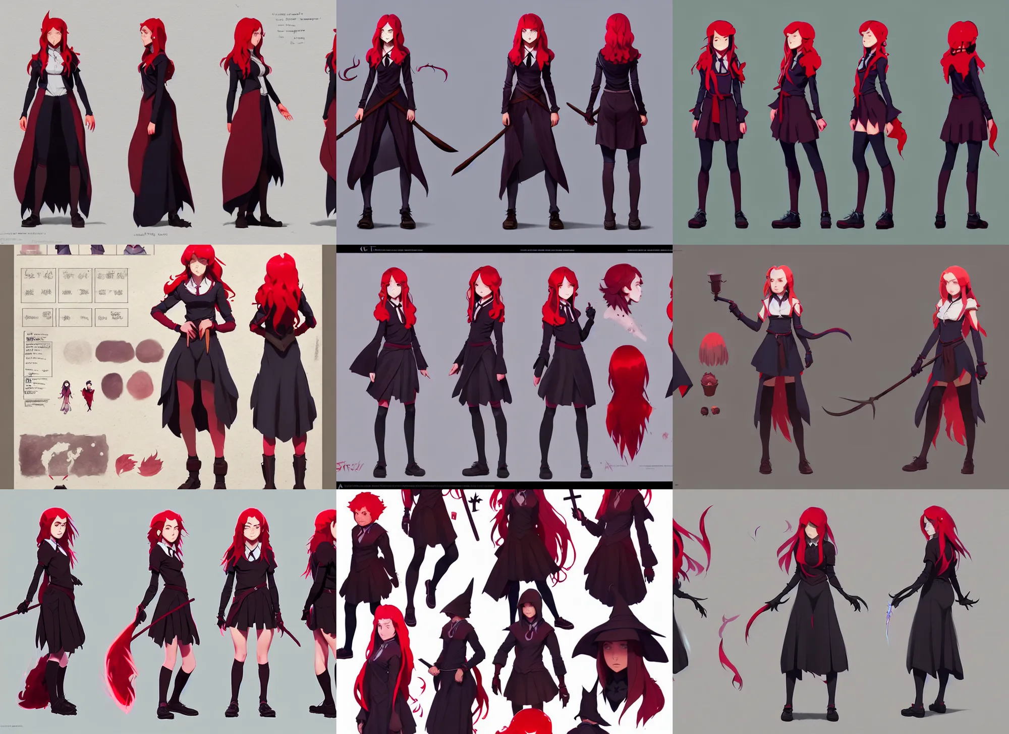 Image similar to character sheet of attractive female student witch by greg rutkowski, magic school uniform, glowing red hair color, by studio ghibli and ross tran, digital art, trending on artstation, highly detailed, concept art, beautiful, masterpiece