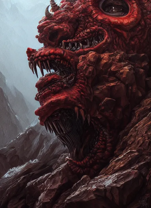 Image similar to close up portrait of a monster in the mountains of hell, oil painting by tomasz jedruszek, cinematic lighting, pen and ink, intricate line, hd, 4 k, million of likes, trending on artstation