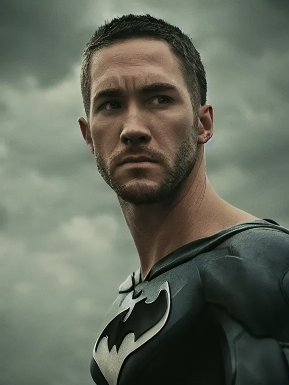 Image similar to film still, ryan renolds as batman, no mask, hyperrealism, moody lighting, rain, intricate, 8 k